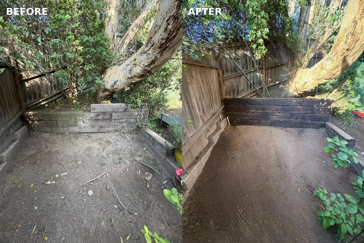 Before and after: Backyard cleanup, grading, and new railroad-tie retaining wall.